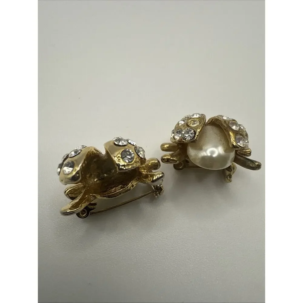 Two Ladybug Scatter Pins LOOK READ Gold‎ Tone Rhinestone One Pearl Stone Missing